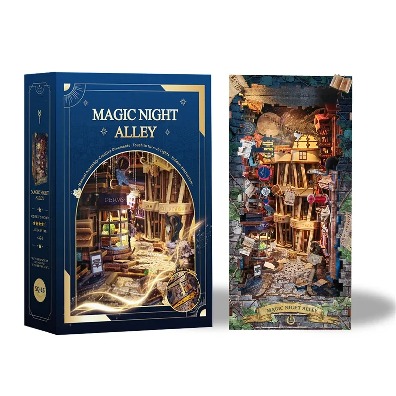 DIY Wooden Book Nook Shelf Insert Kit Miniature Building Kits Magic Night Alley Bookshelf with LED Lights Bookends Friends Gifts