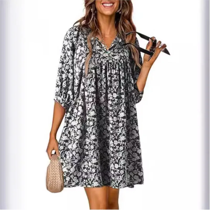 Women's Elegant Summer New Casual Bohemian Flower V-neck Printed Full Marks Lantern Sleeve Beach Dresses 2025 vestidos de festa