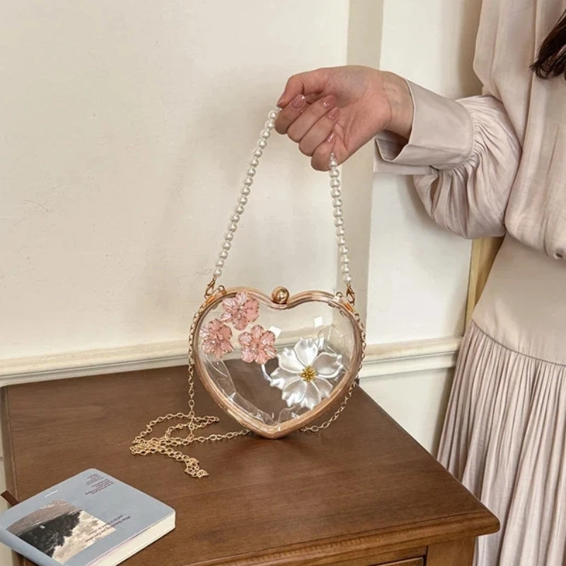 

Heart PVC Evening Bags for Women Transparent Hard Fashion Crossbody Bag Pearl Chain Flower Decor Mini Cute Shoulder Bag Woman