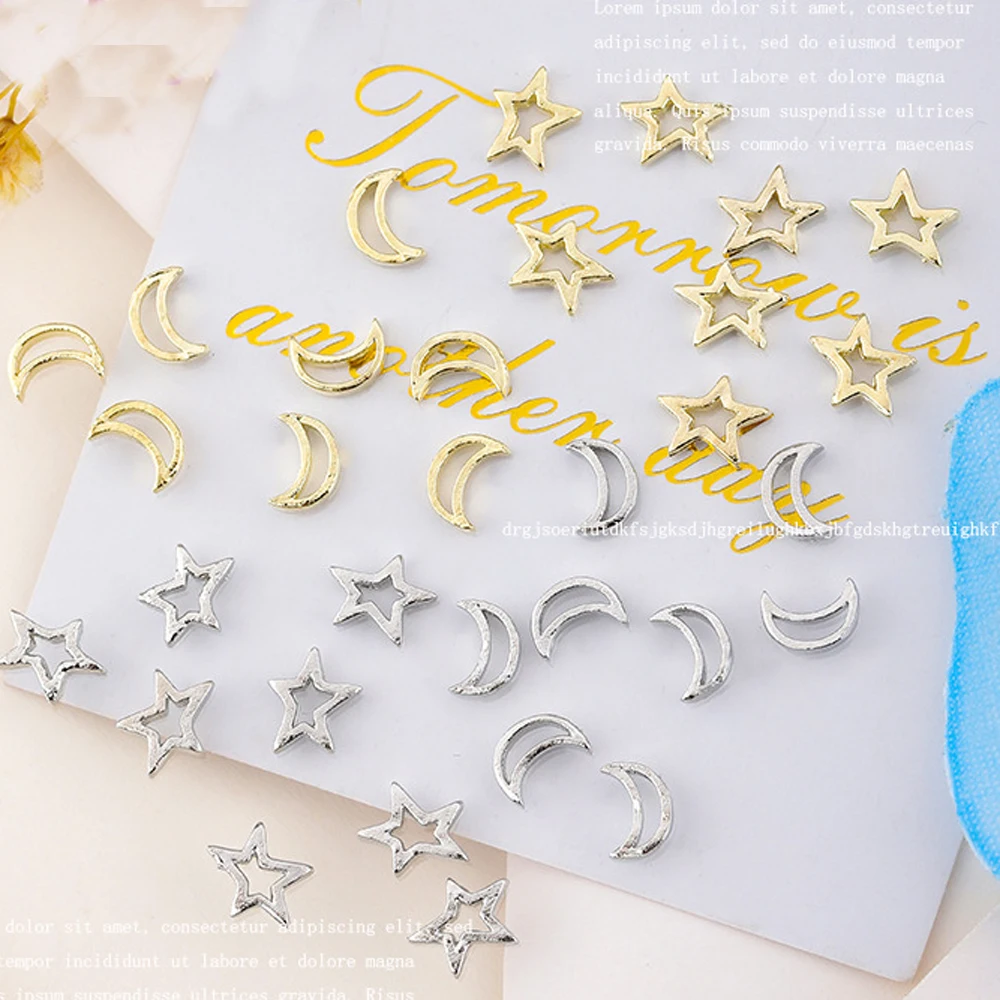 20Pcs Mini Alloy Hollow Star Moon Nail Charms 3D Metal Silver Shiny Star Moon Rivet Nail Decoration Mixed Cute DIY Nail Supplies