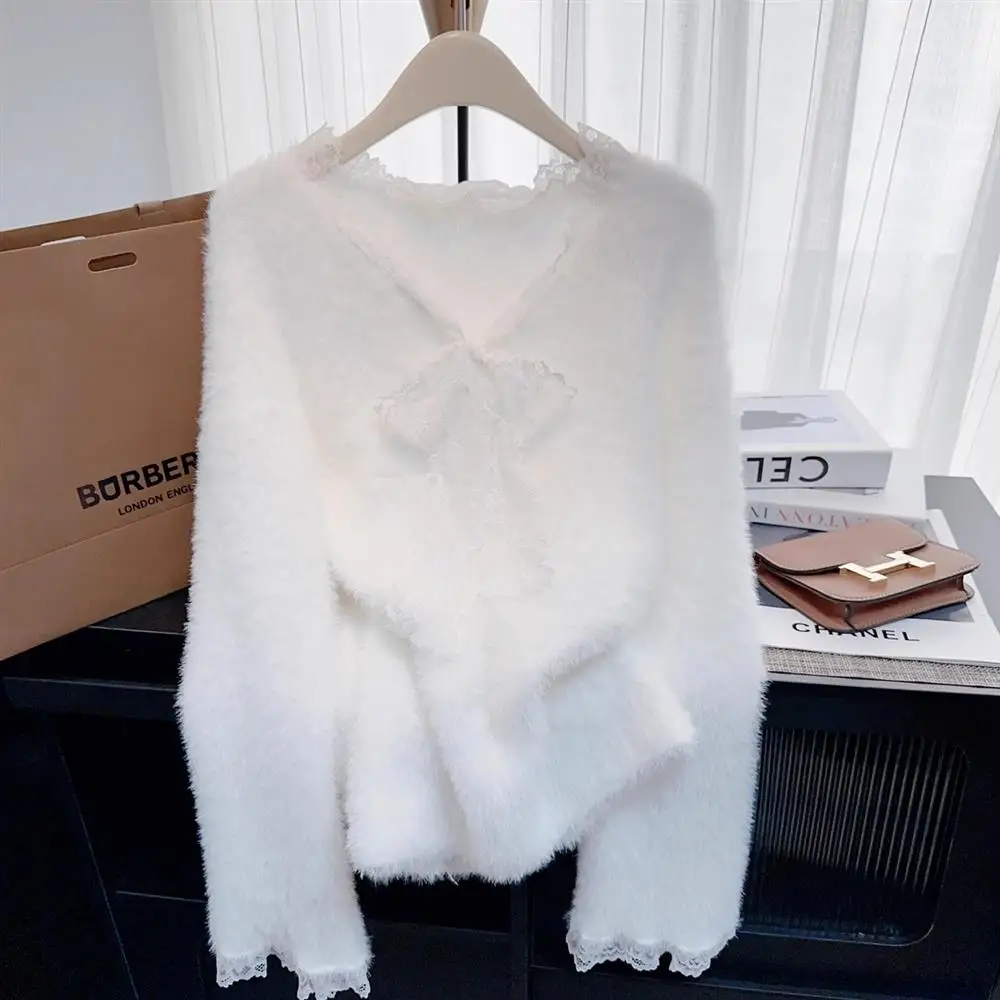 

Норковый утепленный вязаный кружевной свитер, женский осенний новый ленивый милый мягкий восковый вязаный базовый свитер, модный повседневный топ с длинными рукавами