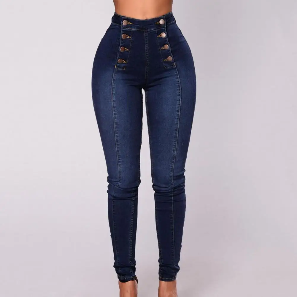 Frauen Hohe Taille Bleistift Jeans Vintage Dünne Doppel-breasted Taschen Push-Up Voller Länge Denim Hosen Hosen Weibliche Kleidung