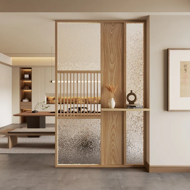 Modern simple glass screen partition solid wood log color home living room entrance office tea room French shade
