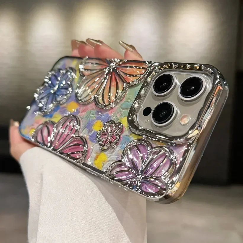 Retro Oil Plating Colour Fashion Flowers Phone Case For iPhone 11 12 13 14 15 Pro Max Soft Bumper Protector For 14 Pro Cover