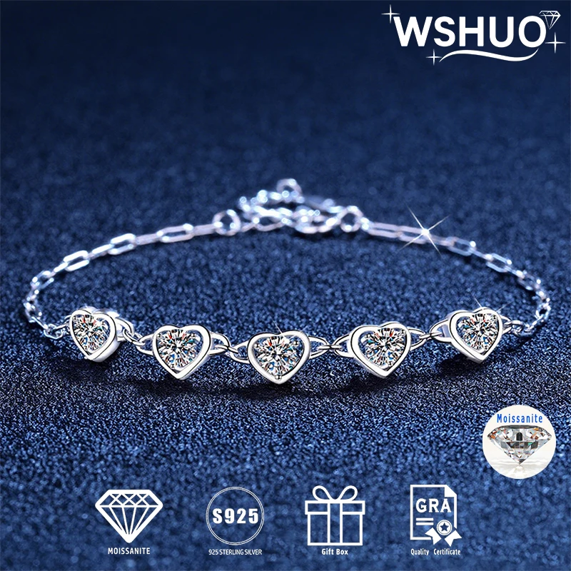 

WSHUo Full Moissanite 0.5Ct Oval Cut Heart Bracelet S925 Silver 18K Gold Plated for Women Men Luxury Jewelry GRA Certified
