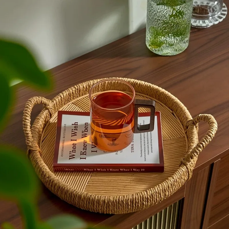 Hand-woven Rattan Round Tray with Handles Snack Tea Serving Plate Bakery Display Organizer Decorative Storage Platter for Cafe