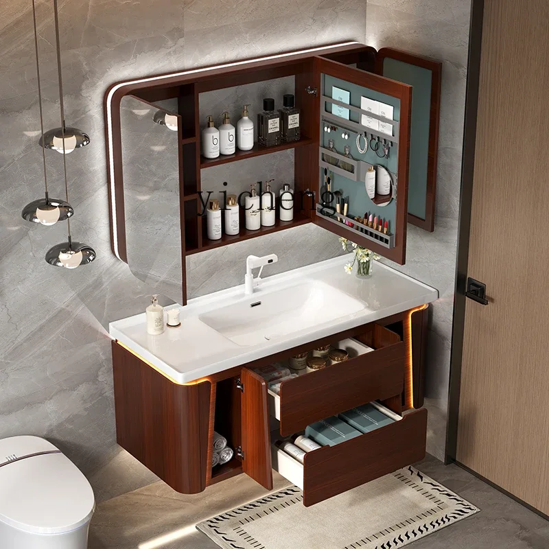 

ZZ Smart Ceramic Whole Washbin Cream Style Rounded Corner Bathroom Cabinet Mirror Cabinet Washbasin