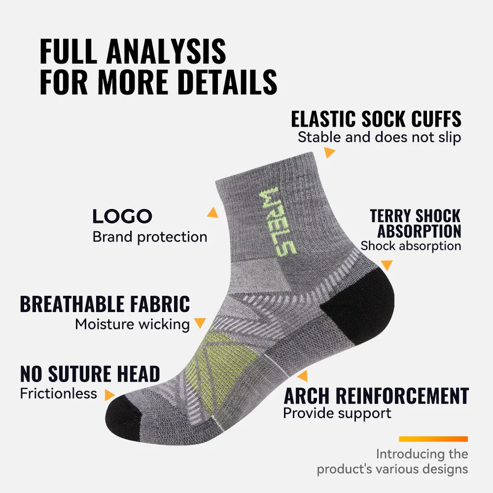 WRELS 1/2/3 أزواج ميرينو الصوف الكاحل المشي لمسافات طويلة الجري الجوارب ضغط دعم وسادة سميكة الرطوبة فتل تنفس الجوارب #6