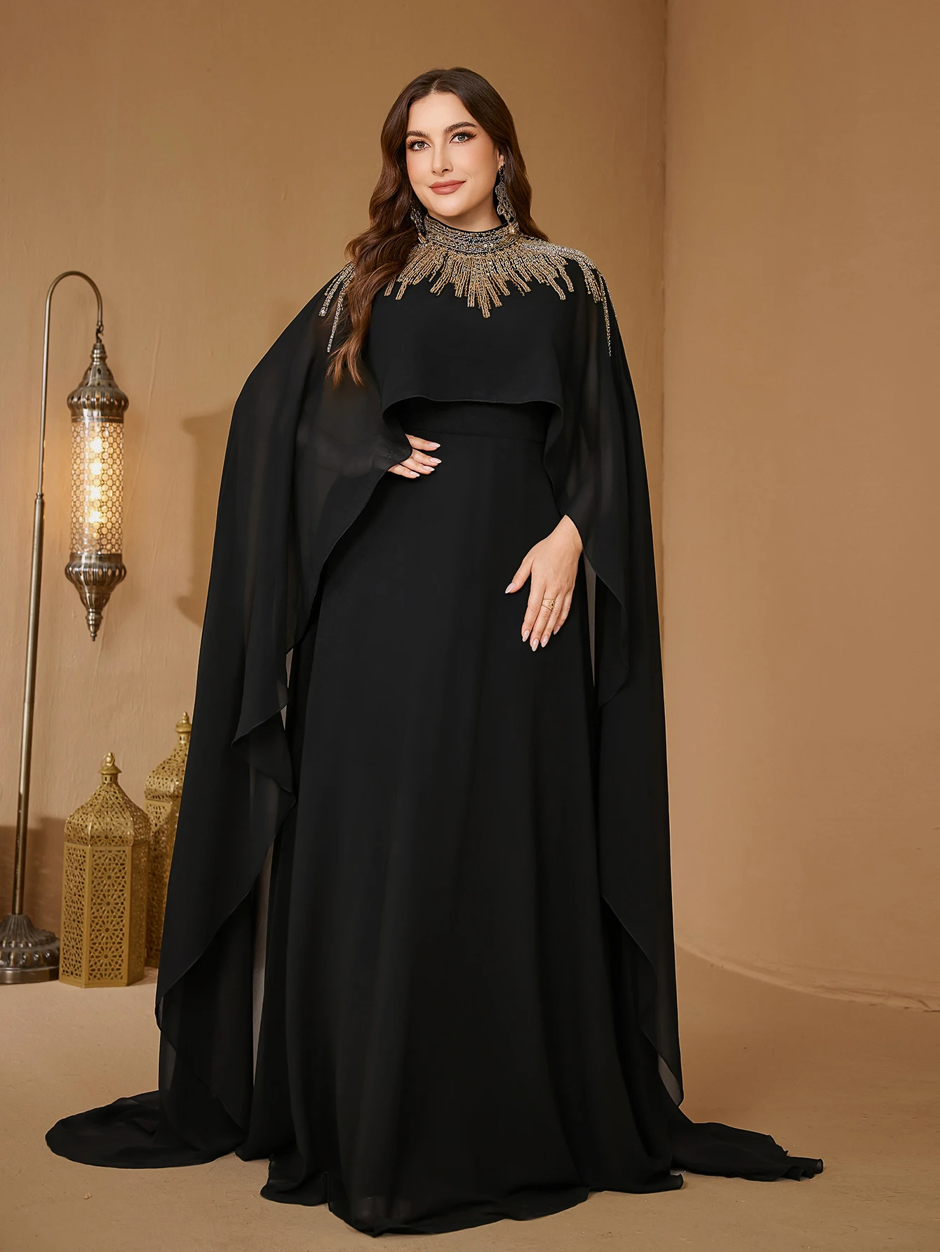 UNITHORSE Plus Women's Stand Collar Cape Sleeve Sequin Patchwork Slim-Fitting Chiffon Evening Dress