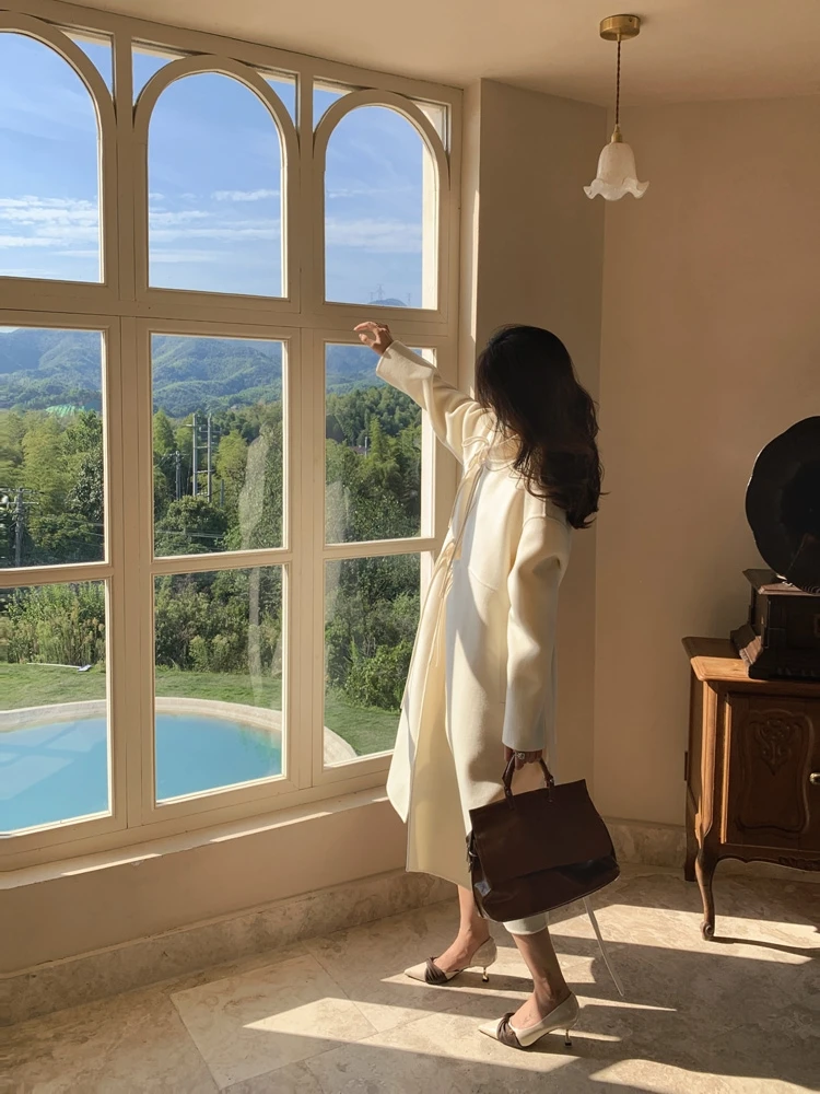 

Ele Double-Sided Woolen Coat Long Women's Sle Winter Faion Commute Straight Cut Sve Long Button Pure Color