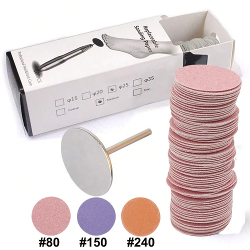 Imagen 1 del producto 100 unids/caja papel de lija colorido de 25mm con eje de Metal Lima de pie removedor de callos disco de papel de lija de repuesto 80 # 150 # 240 #