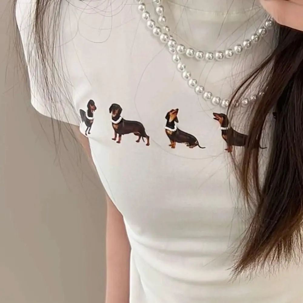 Korean Style Cartoon Dog Short Sleeve T-shirt Dachshund Slim Fit Y2K Crop Top Chic Sweet Tees Shirts Women Streetwear