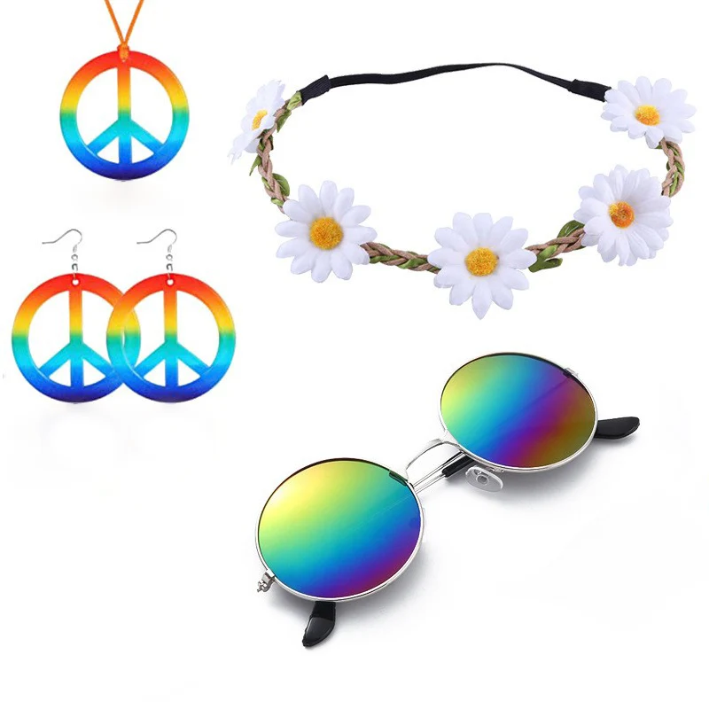 1pcs Costume Set Includes Peace Sign Necklace and Earrings, Flower Crown Headband and Hippie Sunglasses 70s Accessories