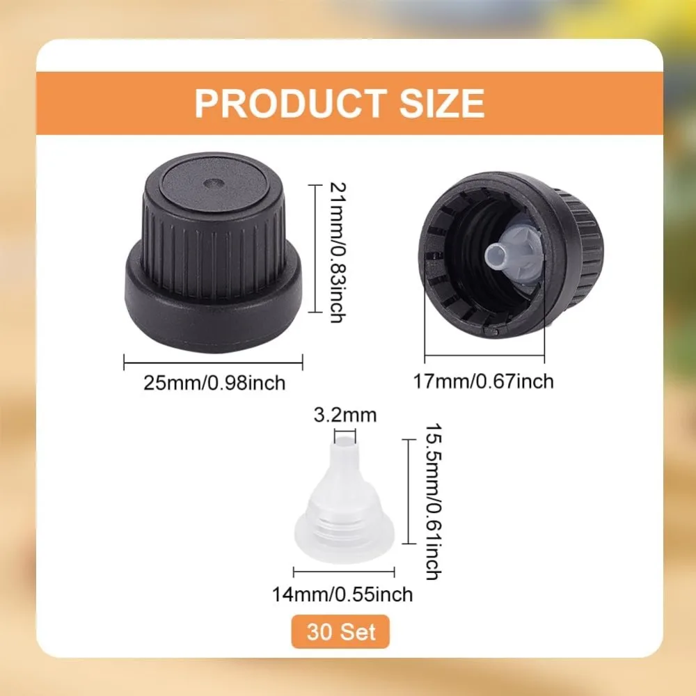 30 Set Black Boston Bottle Cap, 18mm 18 Tooth Plastic Replacement Bottle Cap with Hopper Inner Plug for Essential Oil Bottle