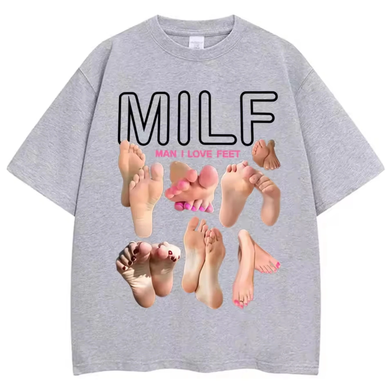 MILF Man I Love Feet مضحك ميمي بأكمام قصيرة من القطن الناعم برقبة دائرية تي شيرت غير رسمي ملابس الشارع الشهير FashionT-shirt، للجنسين