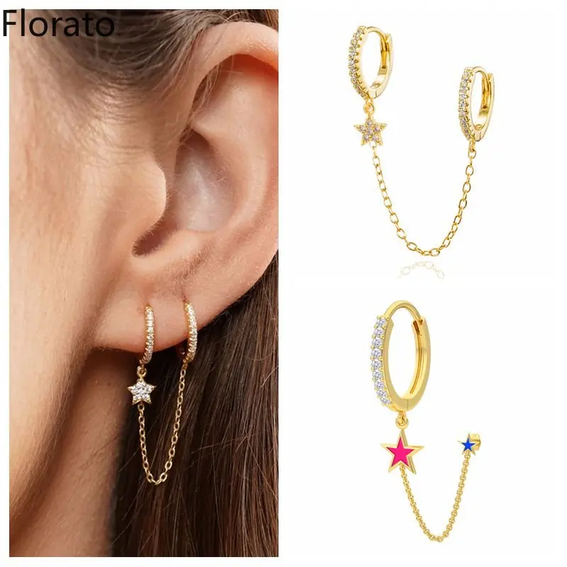 

1 PCS Single Chain 925 Sterling Silver Ear Needle Pierced Earrings Star Hoop Earrings For Women Fashion Wedding Jewelry Pendant