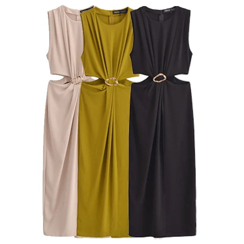 TRAF Women's Dress  Buckles Cut-Out Dresses Elegant Party Dresses Black Green Khaki Dress Midi Sleeveless O-Neck Sexy Vestidos