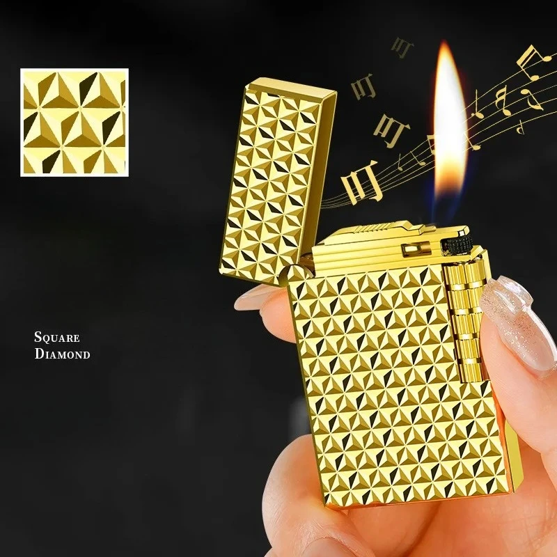 New Vintage Grinding Wheel Loudspeaker Lighter Diamond Texture Oblique Fire Inflatable Lighter Men's High end Gift