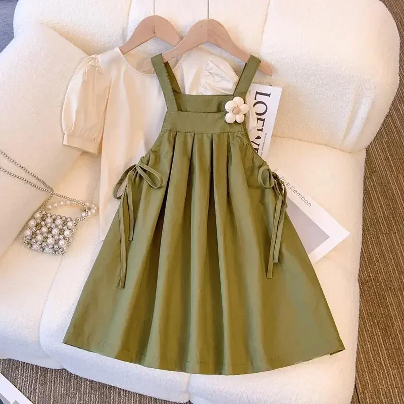 Girls Summer Dress Set Kids Top+Suspender Skirt 2Pic Children Flower Leisure Suit Youth Party Clothes Kids Dress 8 9 11 12 Years