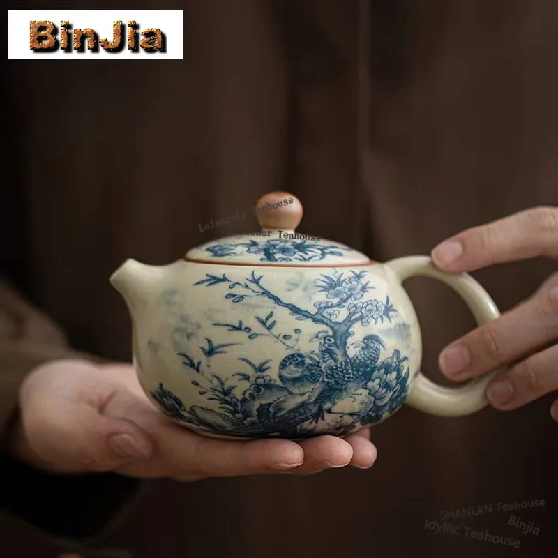 

230ml Retro Ru Kiln Porcelain Xishi Teapot Elegant Flower And Bird Ink Pot Household Tea Soaking Kettle Cha Supplies Collection