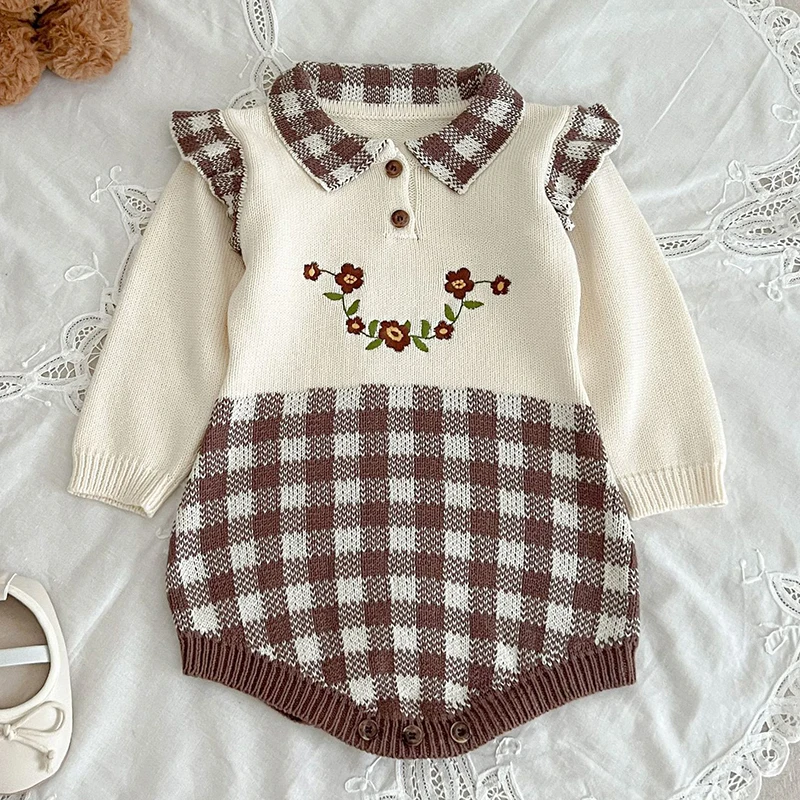 

Infant Baby Girls Long Sleeves Cute Grid Embroider Rompers Autumn Newborn Kids Baby Girl Knit Rompers 0-3Yrs