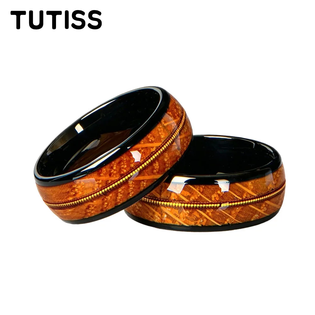Men's 8mm Black Tungsten Carbide Wedding Band Ring Whiskey Barrel Wood & Gold Guitar String Inlay，Domed Polish Comfort Fit Ring