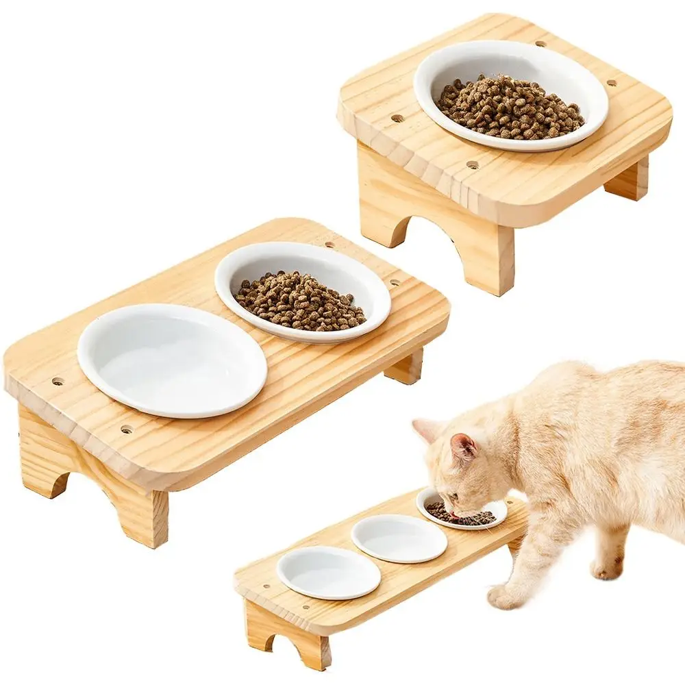 

with Wood Stand Ceramic Cats Bowl Detachable Protect Cervical Spine Tilted Cat Dish Easy To Clean Anti Vomiting