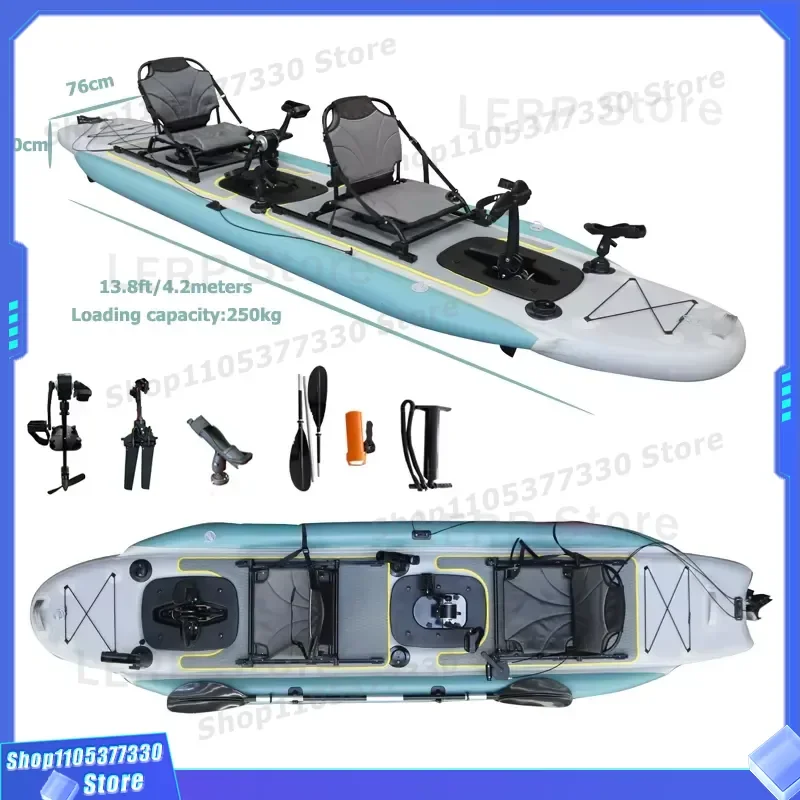 13.8ft Inflatable tandem Dual System Propeller Pedal Drive Kayak Fins Fishing Double Seats Boat 2 Person Kajak 4.2m PVC Canoe