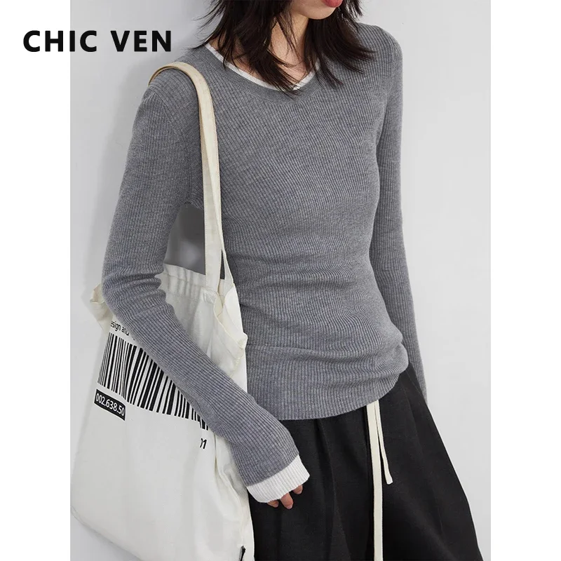 

CHIC VEN Women Sweaters New Color Blocking Knitted Jumpers Pullovers Basic Small Sweater Female Top Autumn Winter 2024