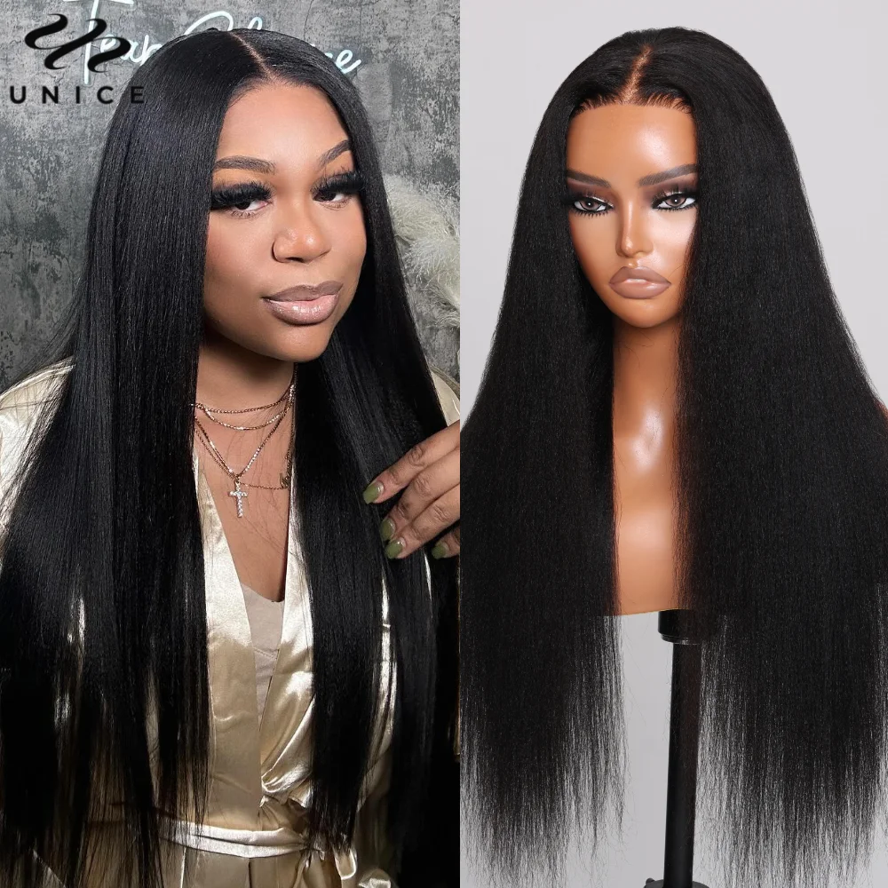 UNice Hair Wear Go Gluless Yaki Straight Wig 7x5 Lace Pre Cut Pre Bleached Human Hair Lace Front Wig Ready To Wear 150% Density