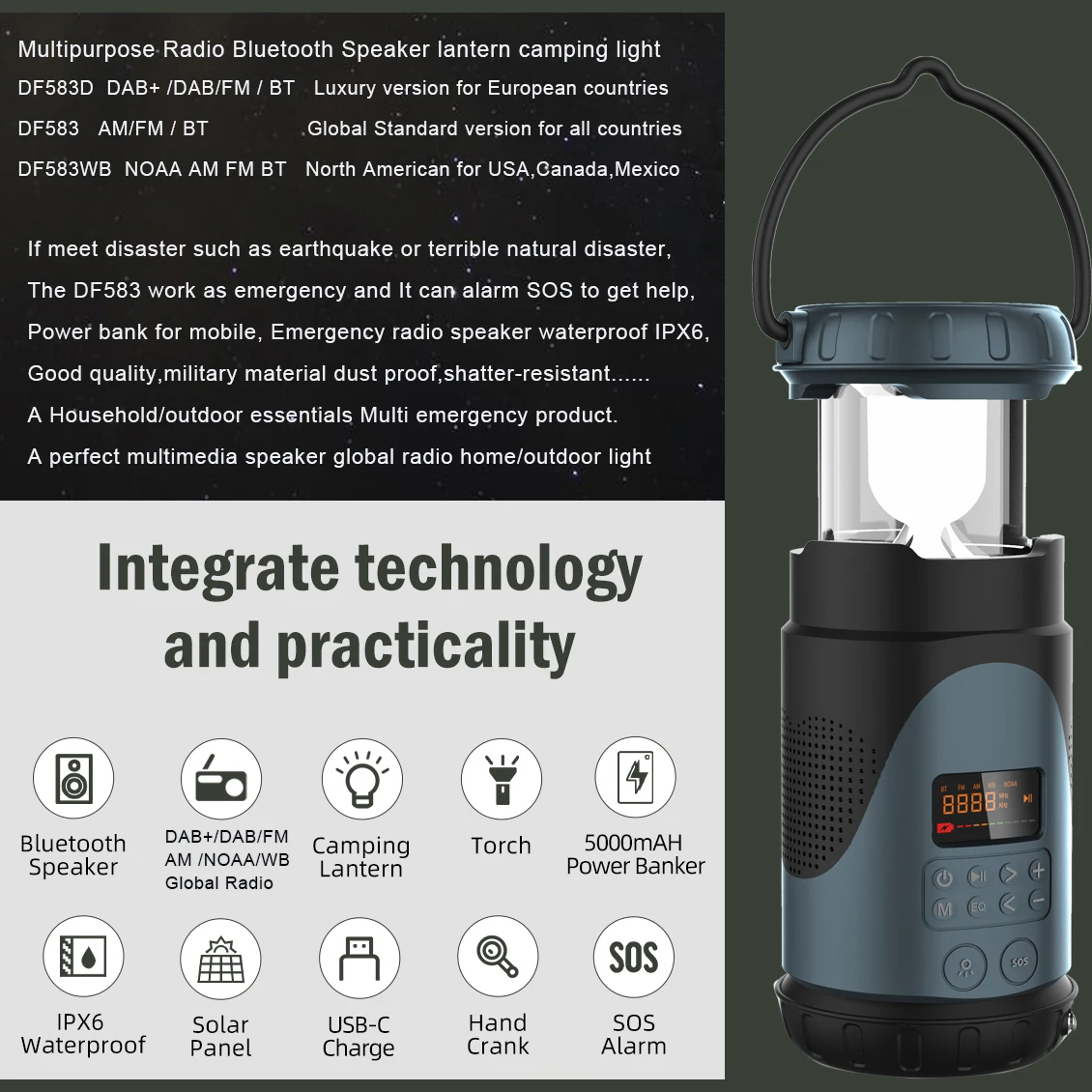 Multi-Functional BT Speakers Emergency Weather camping lantern Digital noaa wb am fm dab radio Music System solar speaker