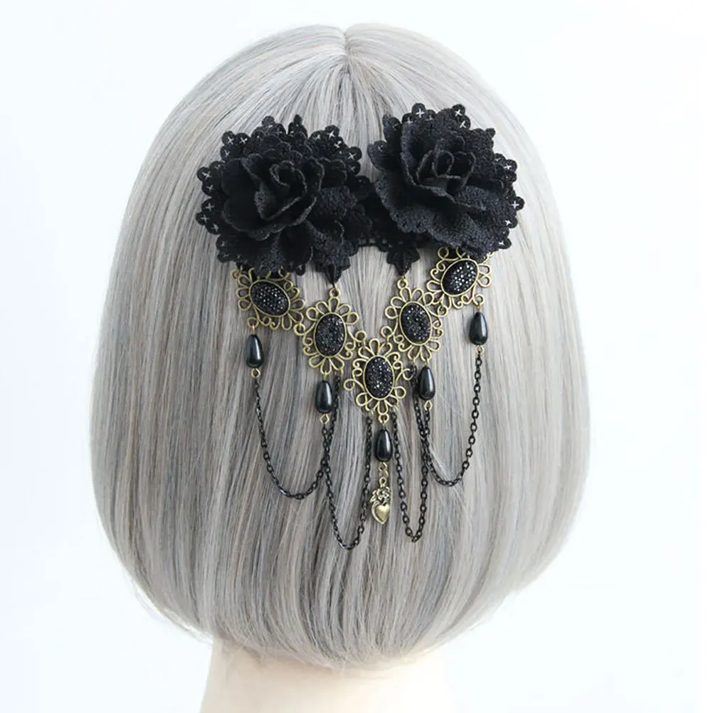 

Gothic Style Hair Pin with Roses Tassel Flower Lace Design Women Elegant Updo Decoration for Party Wedding Daily Use