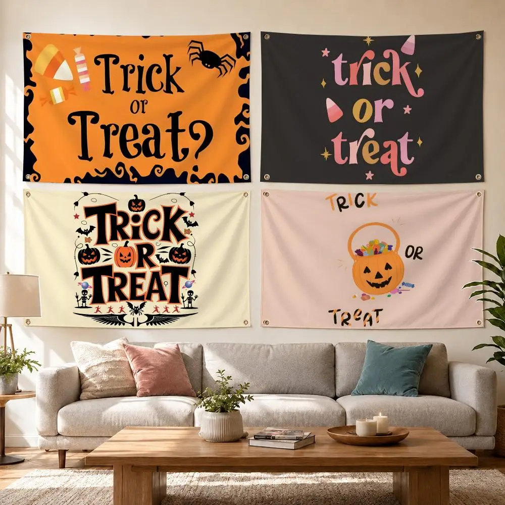 Halloween Retro Trick Or Treat Typography Flags Flag Outdoor Decor Flaga Decorative Home Objects Barber Shop Decoration Garage