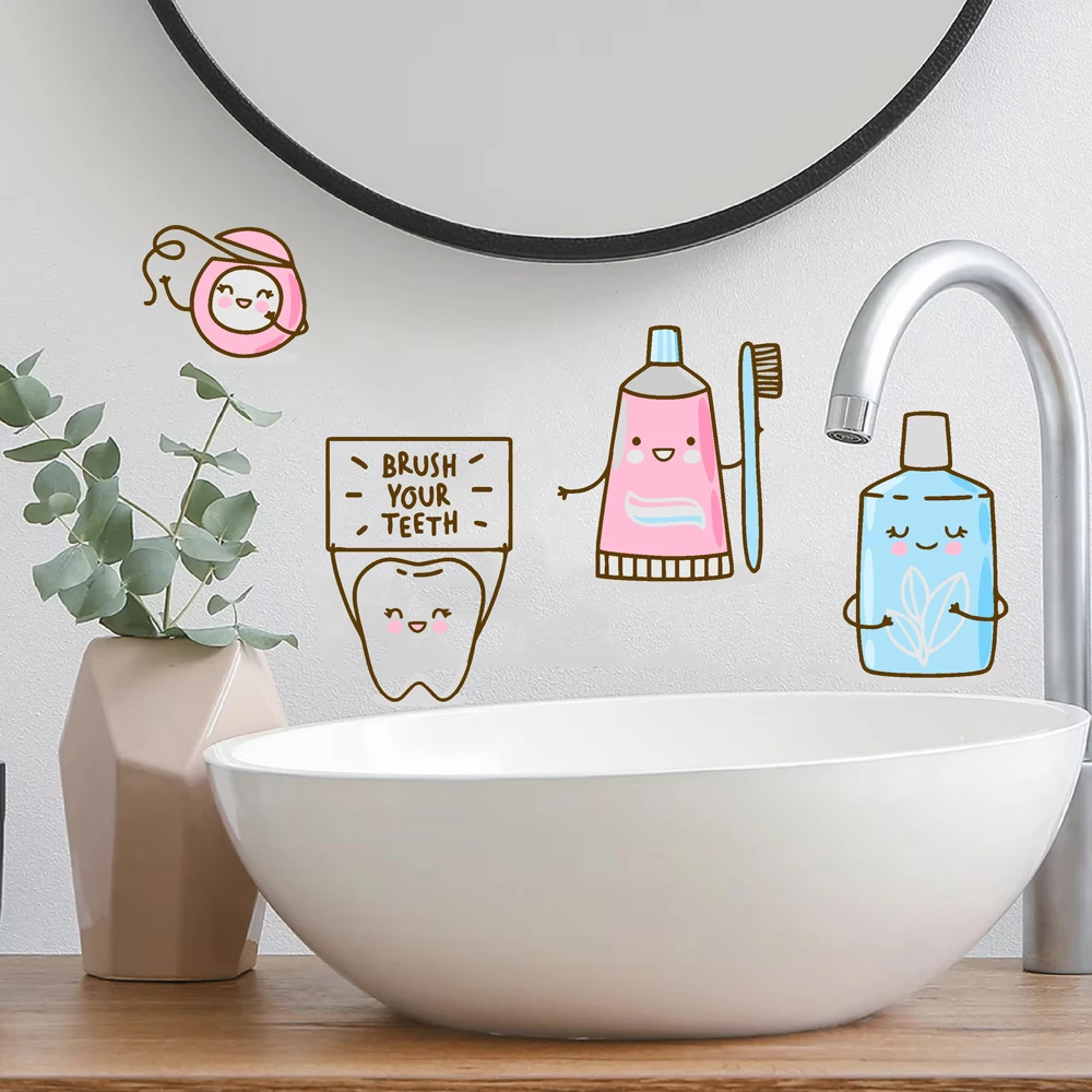 Brush Your Teeth Take Care Wall Decals Cartoon Toothpaste Toothbrush Dental Floss Wall Stickers  for  Restroom Washroom