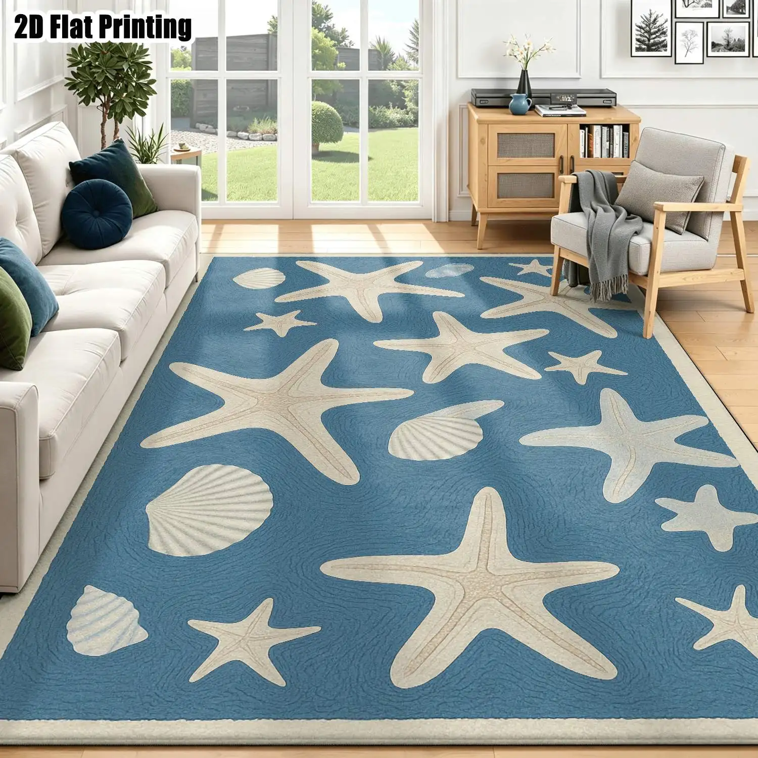 1Pc 2D Printed Blue Background Starfish Shell Pattern Nordic/Modern Minimalist European Style Carpet, Instagram-Worthy Home Decor Floor Mat, Machine Washable, Multi-Size, Suitable for Entryway, Dining Room, Foyer, Bedroom, Living Room