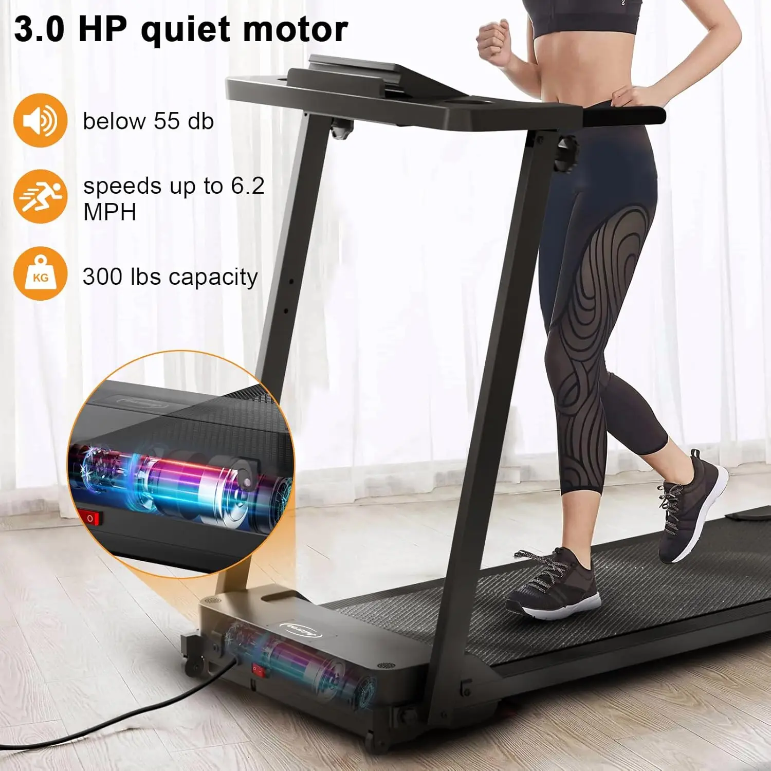 Portable Folding Treadmill, 3.0 HP Foldable Compact Treadmill for Home Office with 300 LBS Capacity, Walking Running Exercise