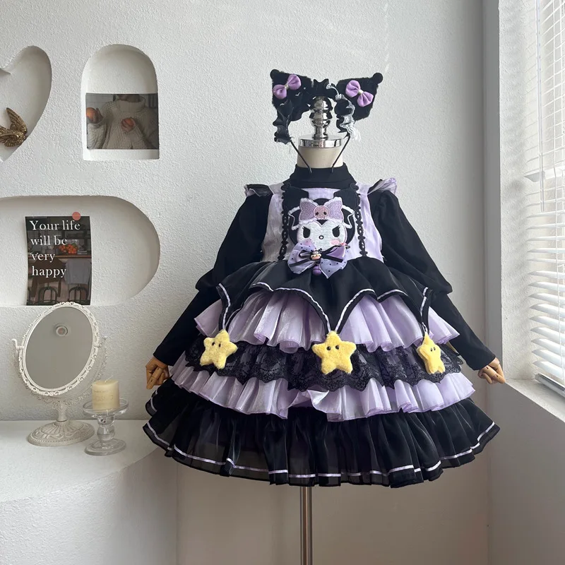 

Sanrio Kuromi Girls Lolita Dress Children Princess Skirt Puffed Skirt Kids Ruffled Skirt Party Dress Four Season Collection