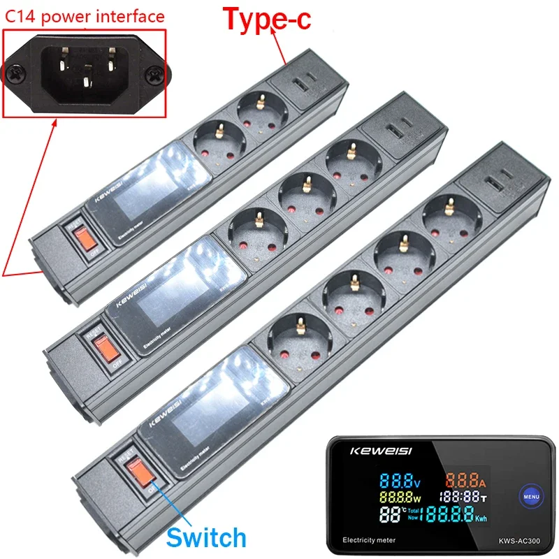 

EU Power Strip with Switch USB+Type-C Power Energy Volt Watt Kwh Meter 2/3/4/5/6/7/8/9 Ways EU Socket Extension C14 interface