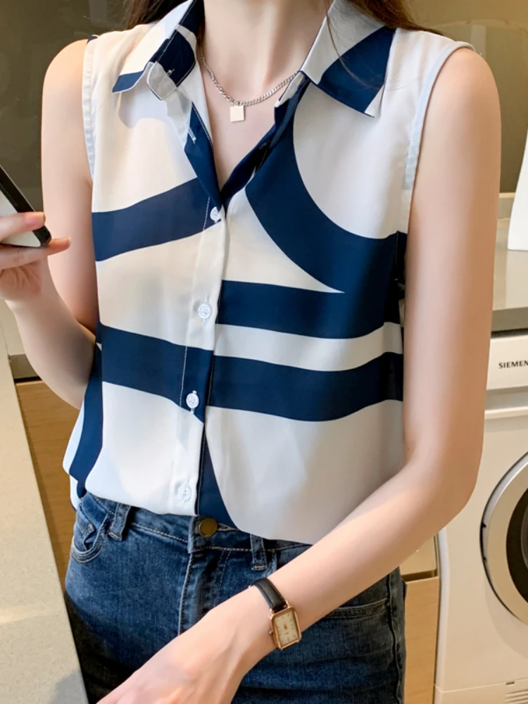 2023 Zomer Womens Tops Chiffon Blouse Voor Vrouwen Mouwloos Vest Knop Omhoog Shirt Ol Mode Vrouwelijke Kleding Streep Casual Shirts