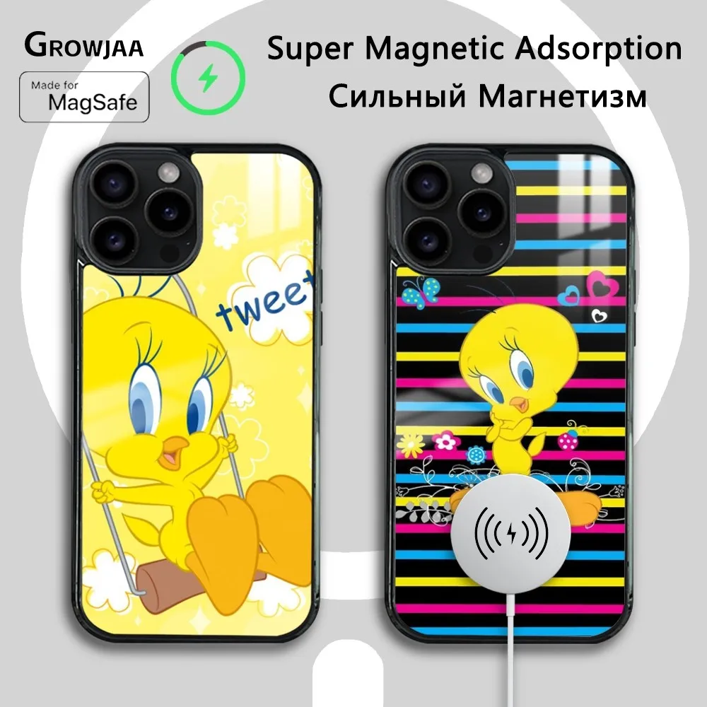 Cartoon T-Tweety Bird Magnetic Phone Case For iPhone 15 14 13 12 11 Pro Max Plus Mini Mirror Wireless Magnetic Cover Funda