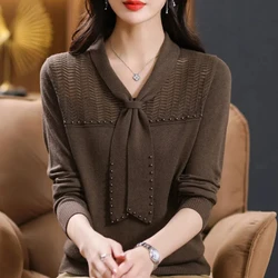 Simplicity Office Lady Autumn Sweaters Pullovers Women's V-Neck Solid Bow Embroidered Flares Fashion Long Sleeve Knitted Tops