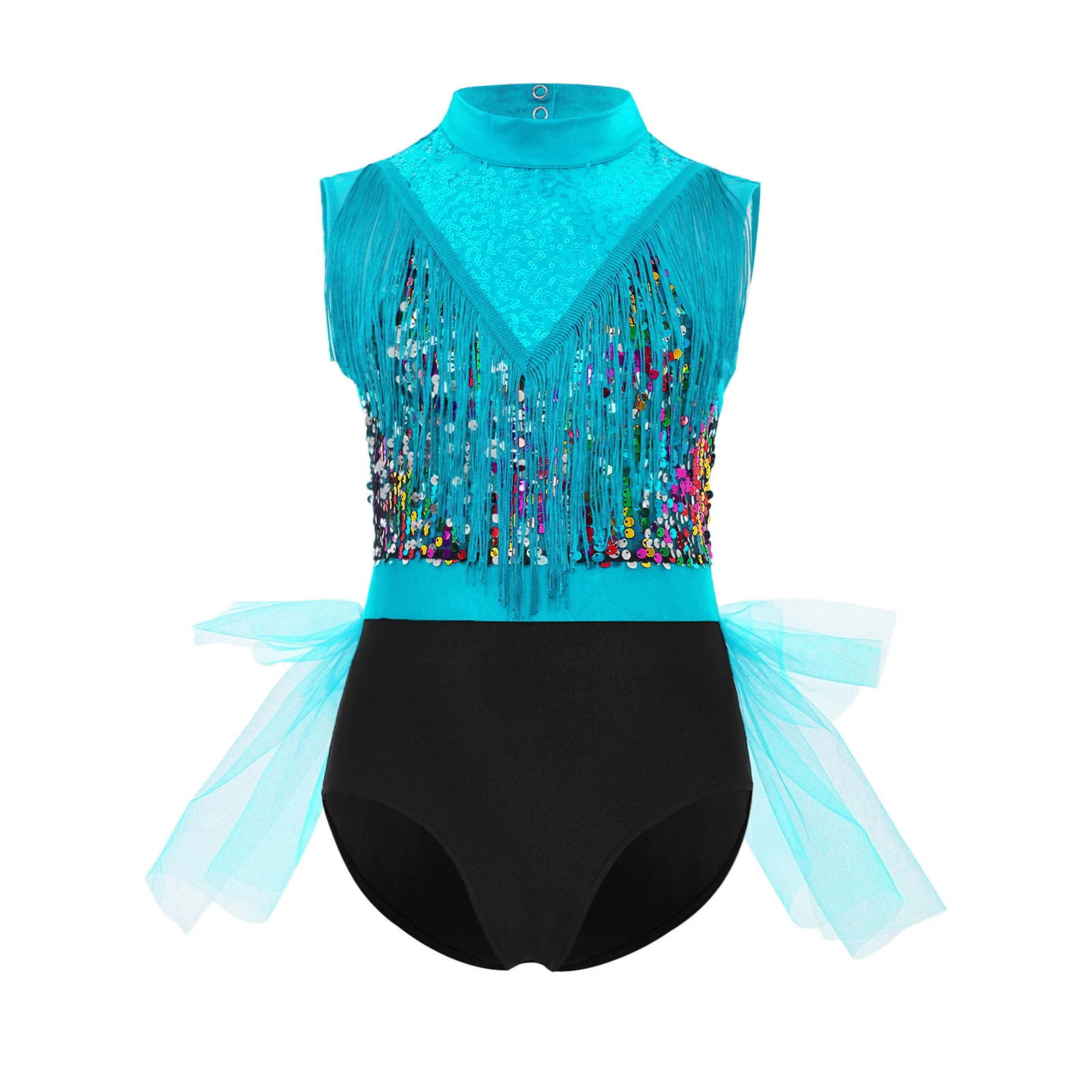 Collant de dança de balé lírico para meninas, sem mangas, recortes nas costas, borlas, lantejoulas brilhantes, vestido de balé para performance de patinação artística