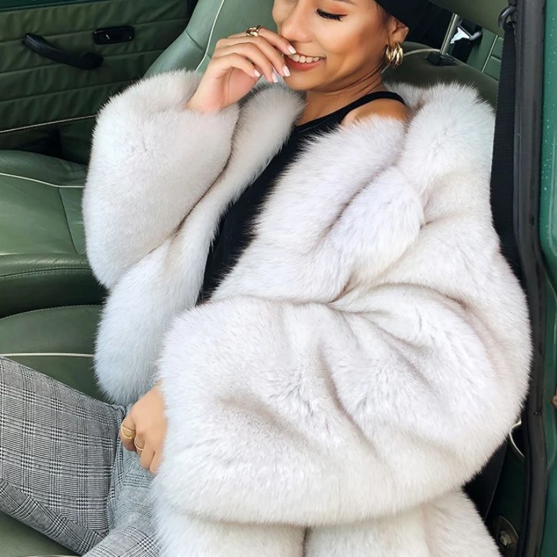 Round neck mid Long Faux Fox Fur Coat Women Winter 2024 New Fluffy Jacket Long Sleeve Artificial Plush Fur Coat Furry Overcoat