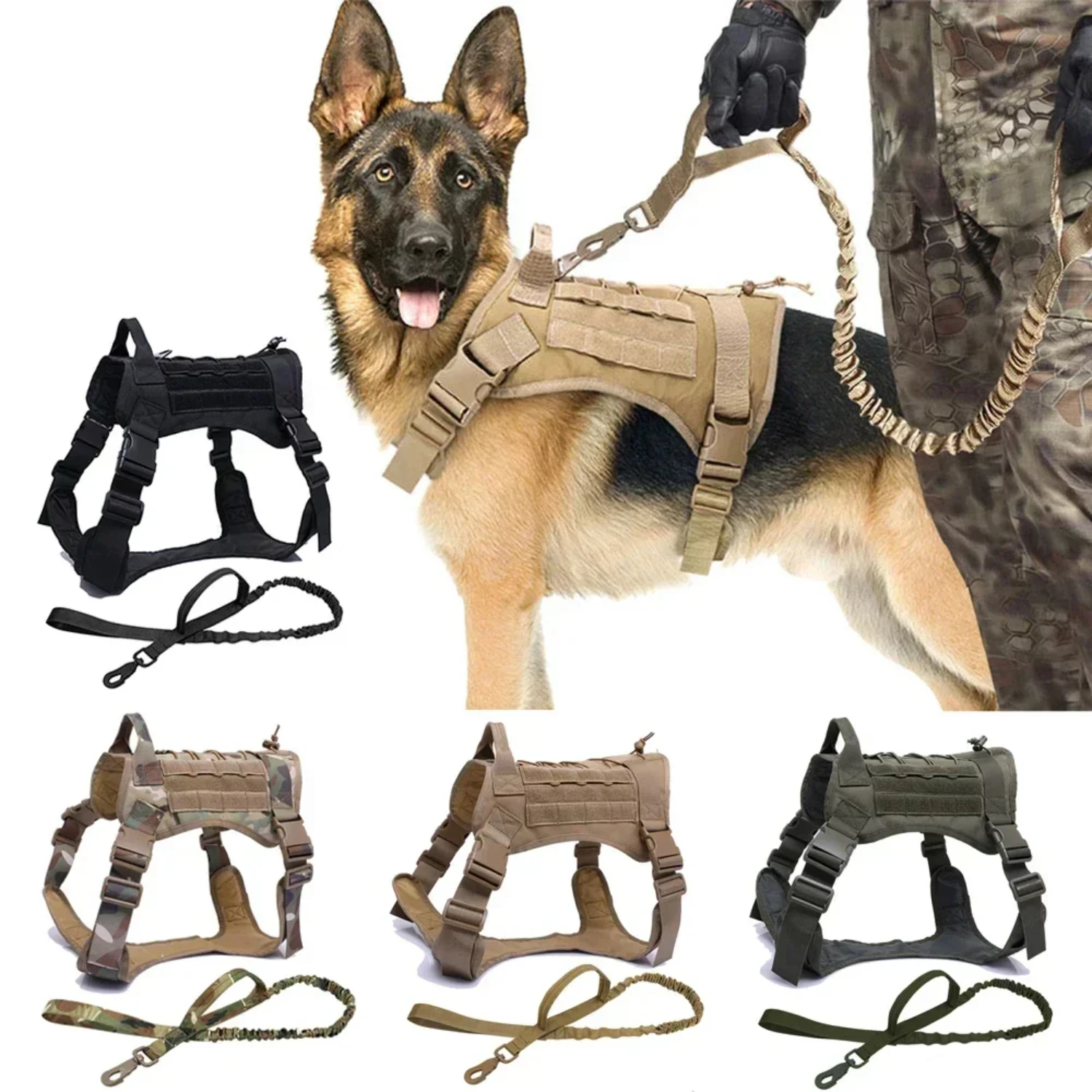 

Dog Collar Leash and Harness Set Tactical Style Military Adjustable German Shepard Harness Large Dogs Walking Training