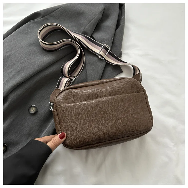 New Solid Color Multi-layer Women Sling Crossbody Bag Vinatge PU Leather Wide Strap Shoulder Bag