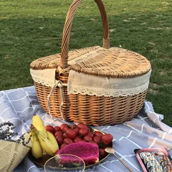 Picnic Fruit Storage Basket Easter Household Snack Container Wicker Basket With Lid Multi-Function Hand-Woven Baskets Outdoor