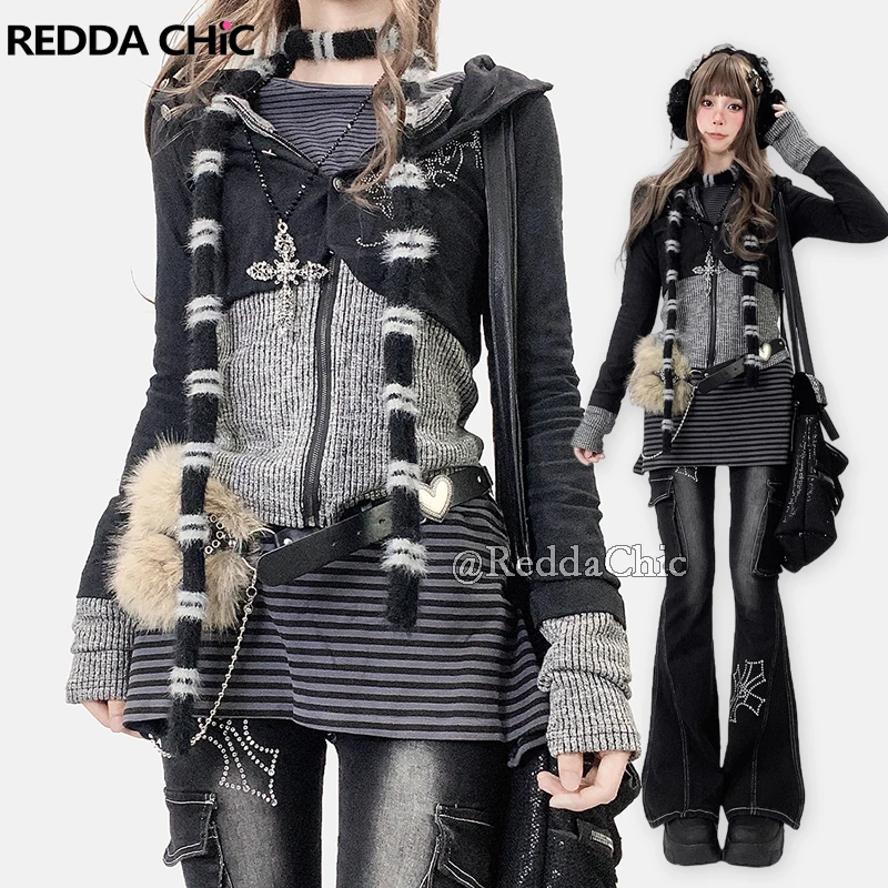 

REDDACHiC Альтернативный готический леопардовый свитшот с капюшоном, ромбовидная вязка, длинный рукав, топ на молнии, кардиган, гранж Y2k, женская одежда