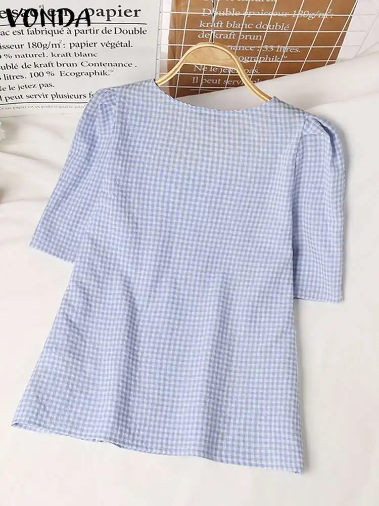 Women Plaid Blouse Summer Tops VONDA Fashion Casual Short Puff Sleeve Shirts 2024 Vintage Square Collar Loose Tunic Blusas Femme