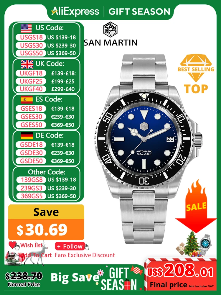 San Martin 39mm Men Dive Watch Enamel Dial NH35 Automatic Mechanical Watch 316L Sapphire Waterproof 300m 3H Date Window SN0111