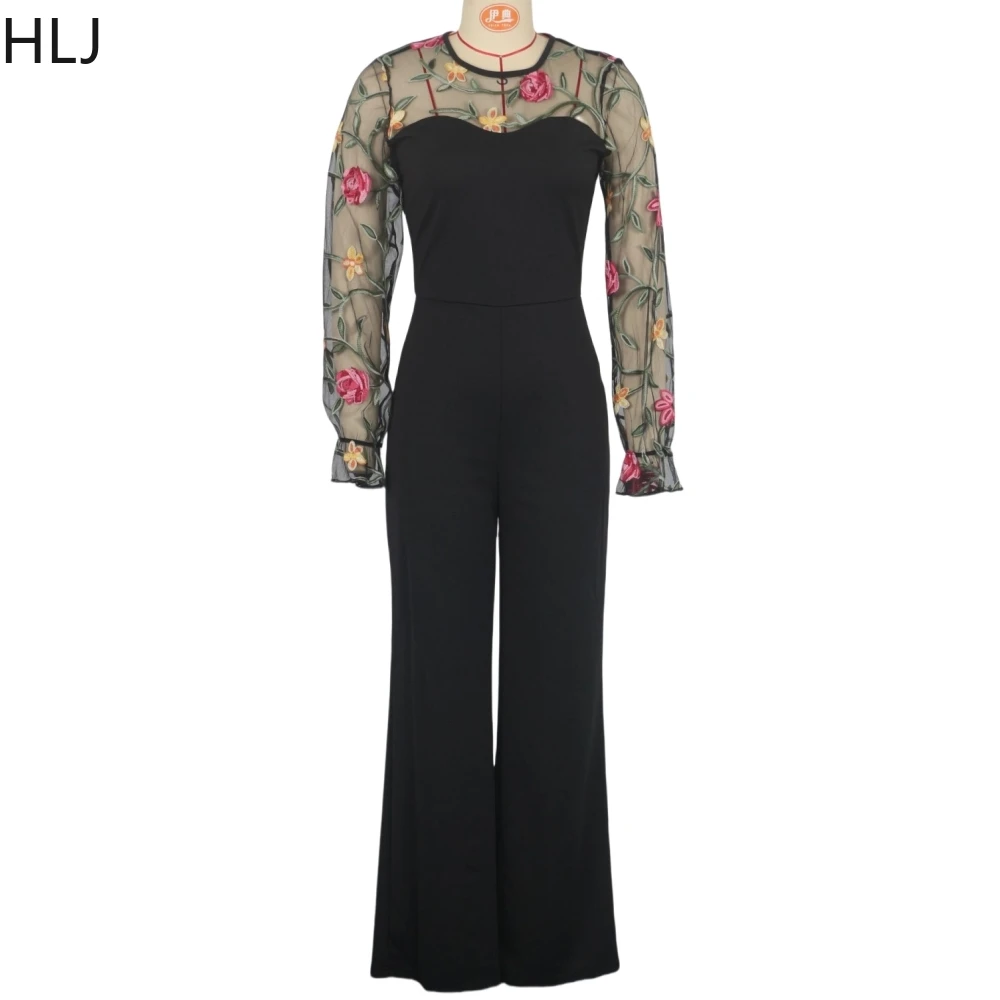 HLJ Black Fashion Mesh Embroidery Stitching Straight Jumpsuits Women O Neck Long Sleeve Slim One Piece Playsuits Female Overalls